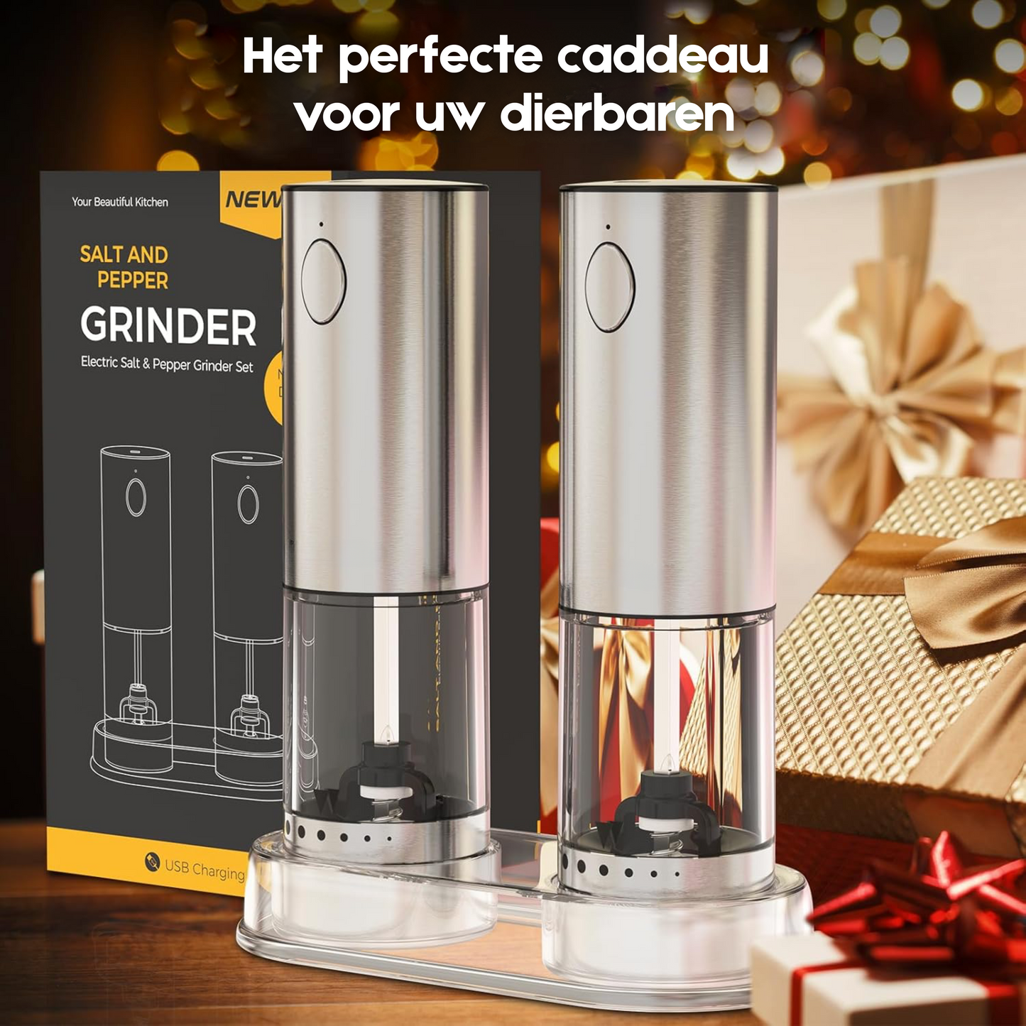 DuoGrind™ – Elektrische set die peper en zout met één druk perfect maalt.