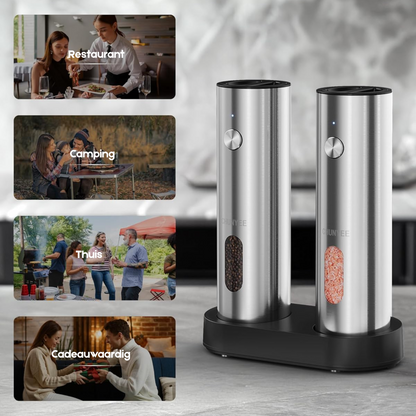 DuoGrind™ – Elektrische set die peper en zout met één druk perfect maalt.